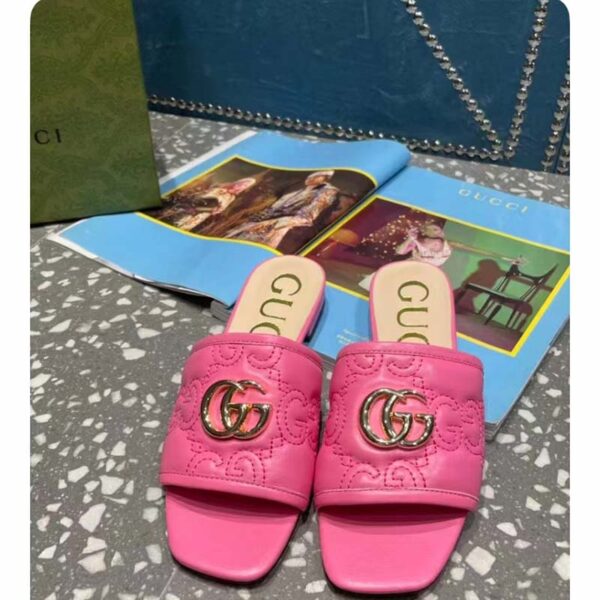 Gucci Women Matelassé Slide Sandal Pink GG Matelassé Leather Square Toe Flat (11)