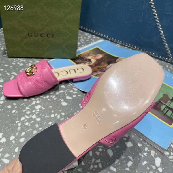 Gucci Women Matelassé Slide Sandal Pink GG Matelassé Leather Square Toe Flat (12)