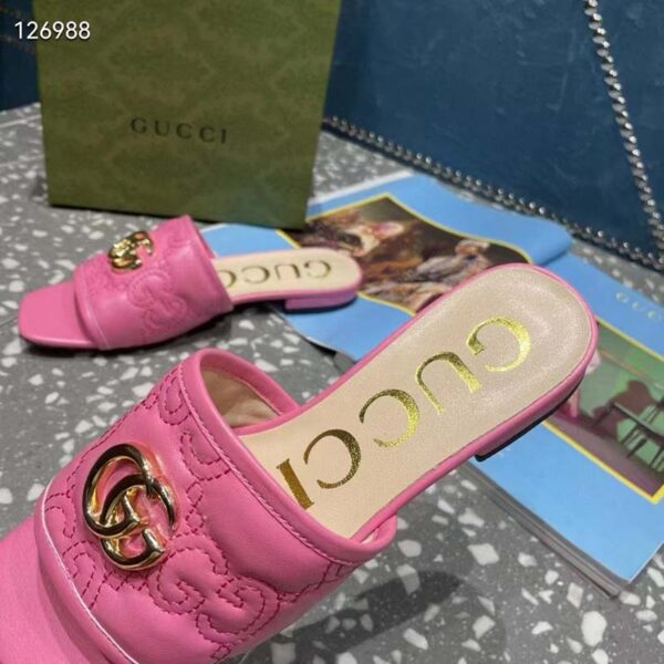 Gucci Women Matelassé Slide Sandal Pink GG Matelassé Leather Square Toe Flat (13)