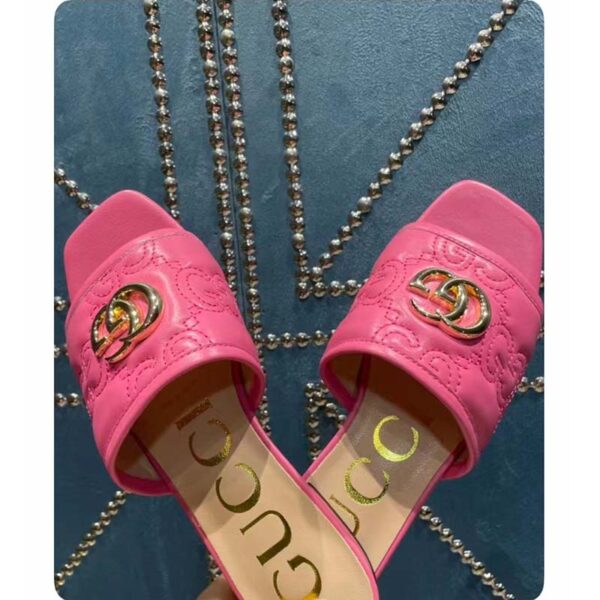 Gucci Women Matelassé Slide Sandal Pink GG Matelassé Leather Square Toe Flat (14)