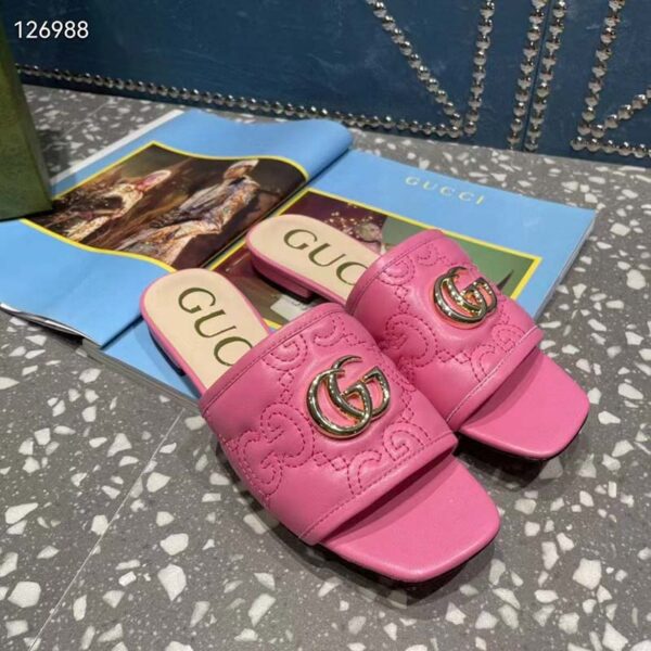 Gucci Women Matelassé Slide Sandal Pink GG Matelassé Leather Square Toe Flat (15)