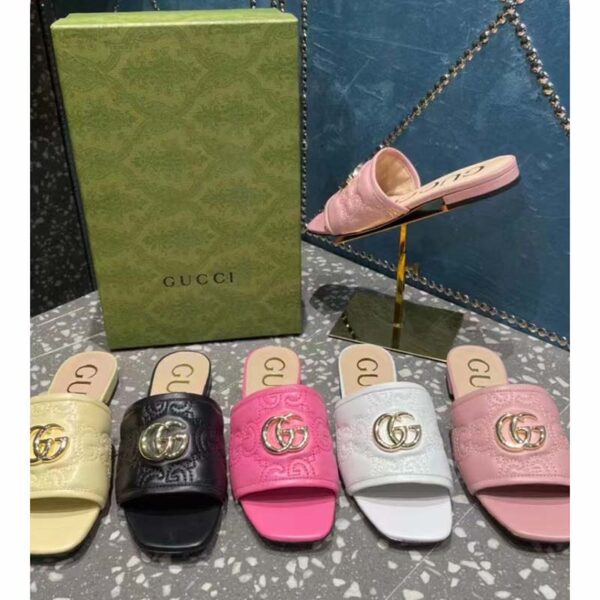 Gucci Women Matelassé Slide Sandal Pink GG Matelassé Leather Square Toe Flat (2)