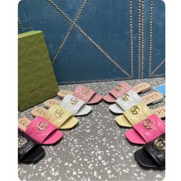 Gucci Women Matelassé Slide Sandal Pink GG Matelassé Leather Square Toe Flat (4)