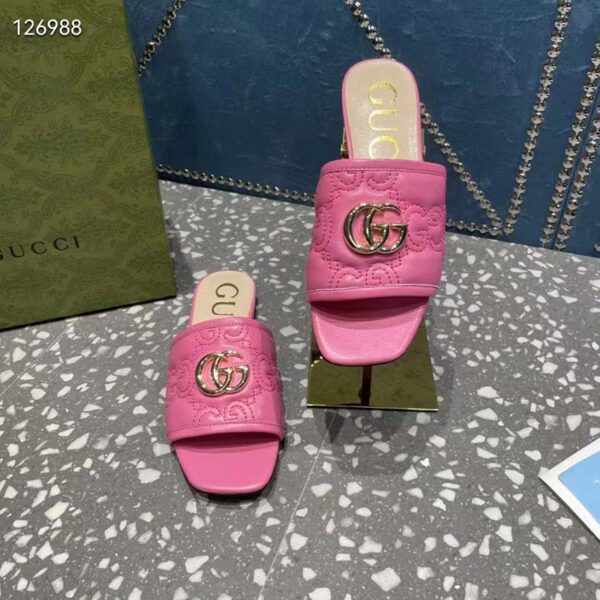 Gucci Women Matelassé Slide Sandal Pink GG Matelassé Leather Square Toe Flat (5)
