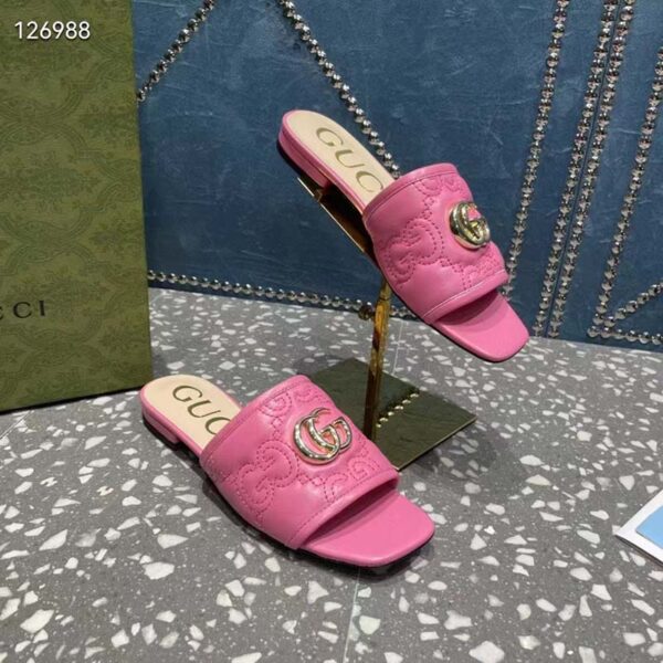 Gucci Women Matelassé Slide Sandal Pink GG Matelassé Leather Square Toe Flat (6)
