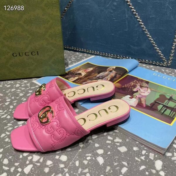 Gucci Women Matelassé Slide Sandal Pink GG Matelassé Leather Square Toe Flat (7)