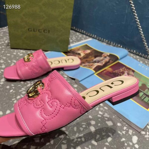 Gucci Women Matelassé Slide Sandal Pink GG Matelassé Leather Square Toe Flat (8)