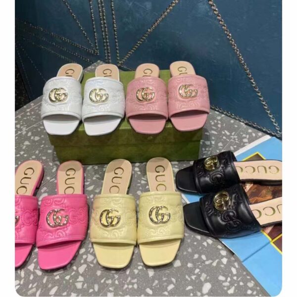 Gucci Women Matelassé Slide Sandal Pink GG Matelassé Leather Square Toe Flat (9)