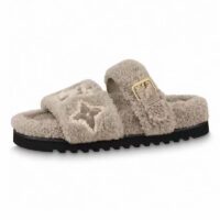 Louis Vuitton LV Unisex Paseo Flat Comfort Mule Beige Shearling Monogram Flowers