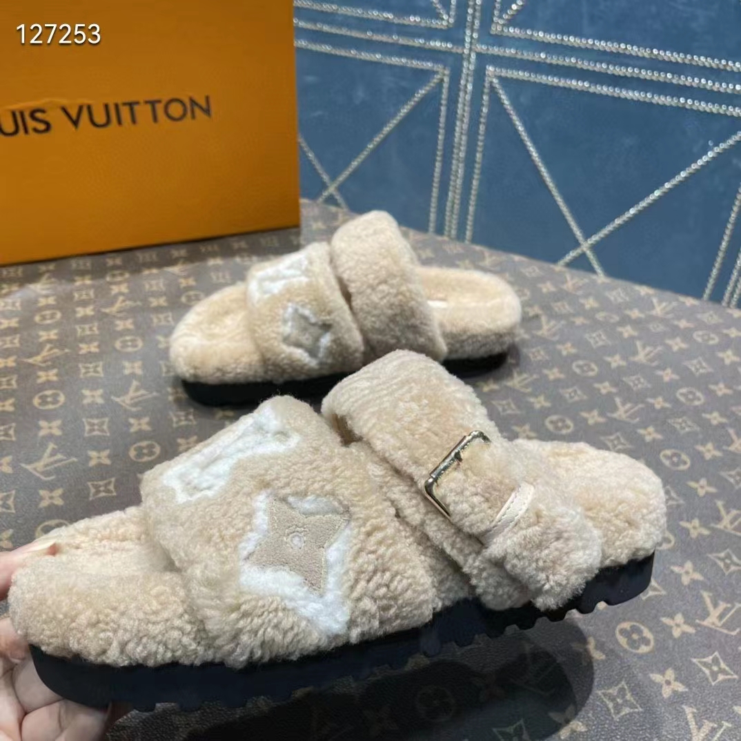 LOUIS VUITTON, Paseo flat comfort mule, beige sheepskin/shearling, decor  with classic LV logo and flowers in neon pink. Vintage clothing &  Accessories - Auctionet