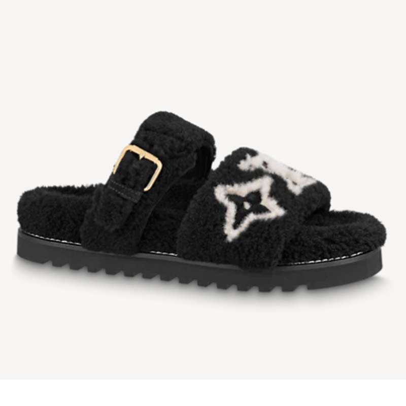 Louis Vuitton Paseo Flat Comfort Mule Black Logo Shearling Fur Slide Sandal  38