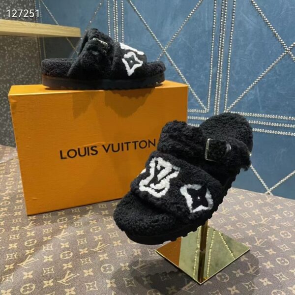 Louis Vuitton LV Unisex Paseo Flat Comfort Mule Black Shearling Monogram Flowers (2)