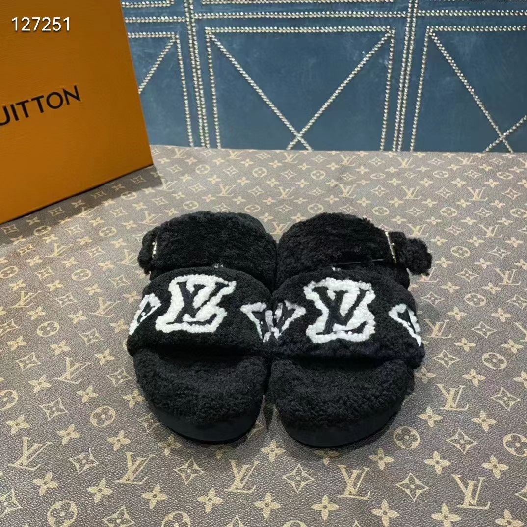 LOUIS VUITTON Shearling Monogram Giant Paseo Flat Comfort Mule 36 Black  1204306