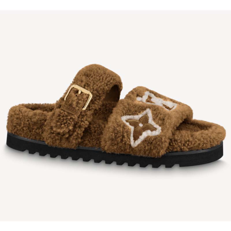Louis Vuitton Shearling Paseo Flat Comfort Sandals Brown 2021
