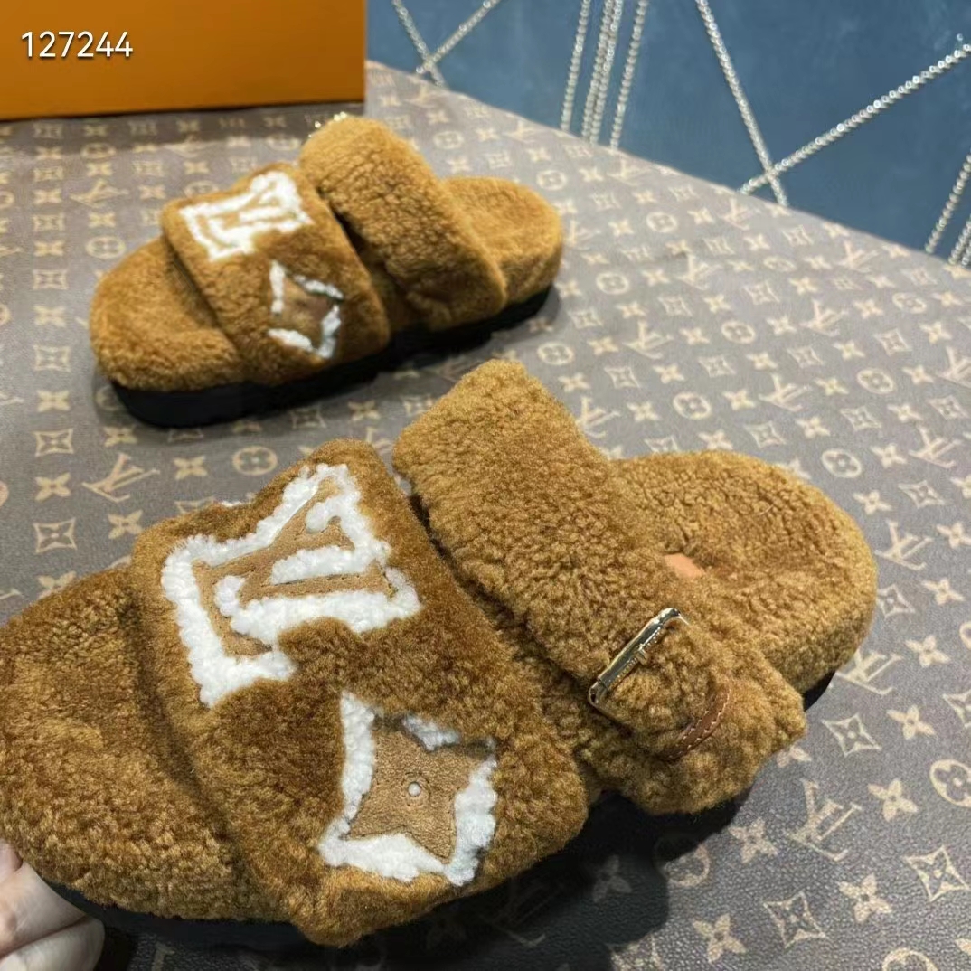 Louis Vuitton LV Unisex Paseo Flat Comfort Mule Cognac Brown Shearling Monogram Flowers