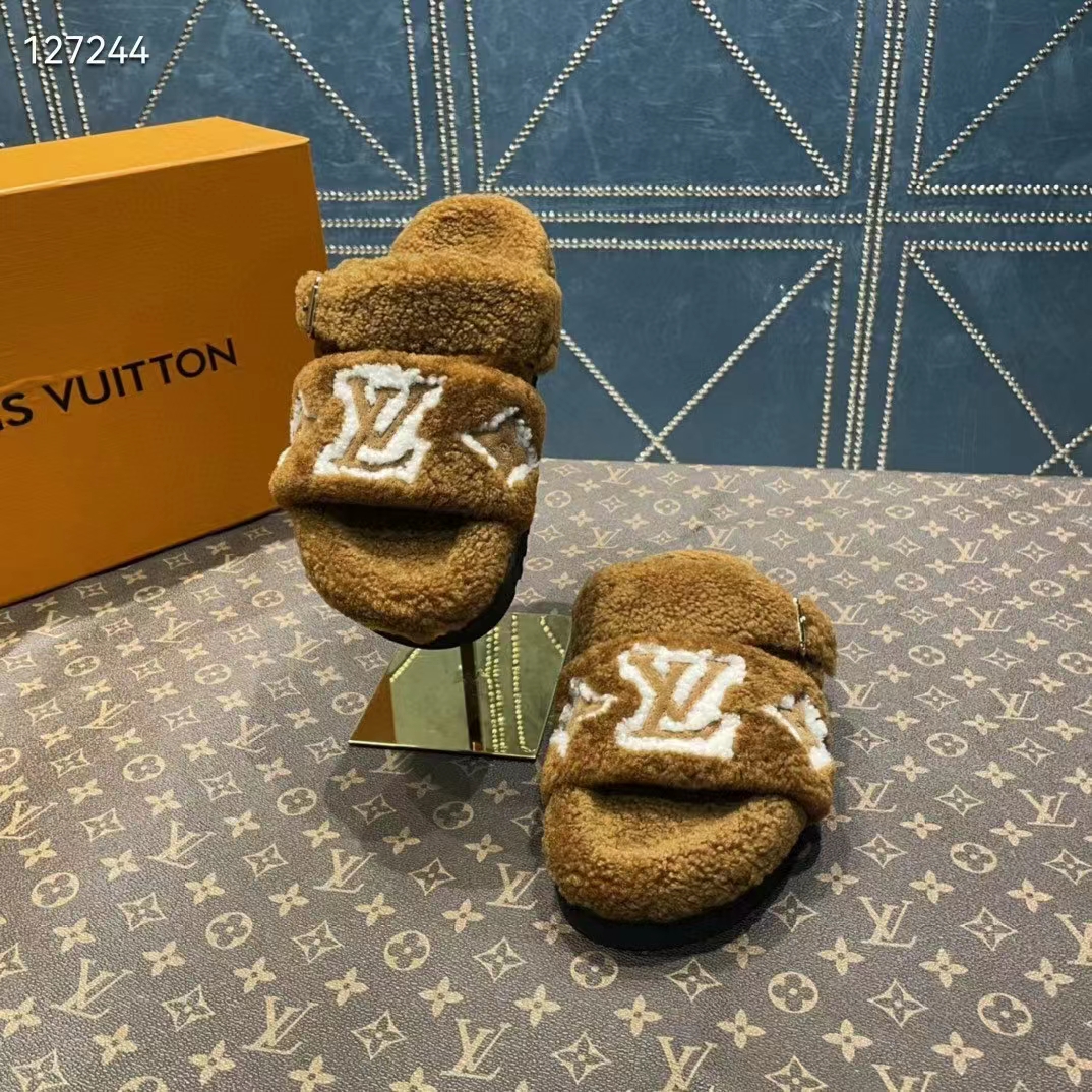 LOUIS VUITTON Shearling Bom Dia Flat Mules 41 Beige 784289