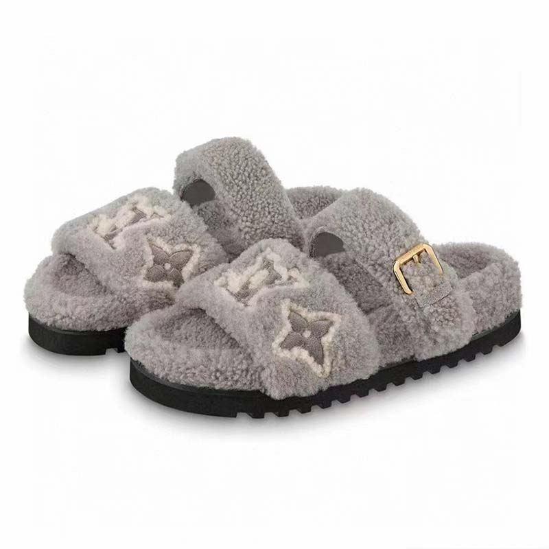 Louis Vuitton LV Unisex Paseo Flat Comfort Mule Grey Shearling Monogram  Flowers - LULUX