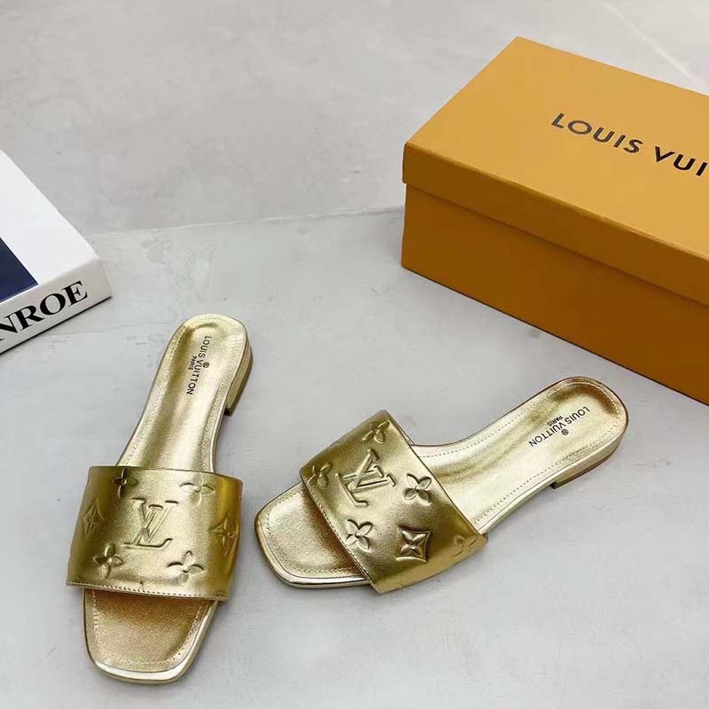 LOUIS VUITTON Metallic Lambskin Upper Case Open Back Flat Loafer 38 Gold  429641