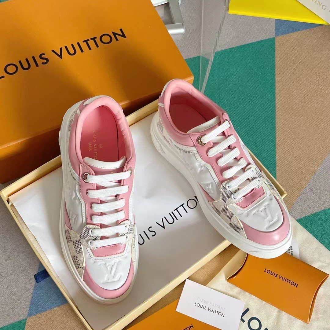 Louis Vuitton Monogram Embossed Calfskin Damier Azur Rose Clair Pink Time Out Sneakers 36 (New)