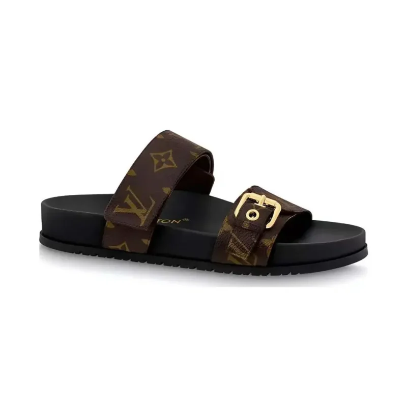 Louis Vuitton Women LV Bom Dia Flat Mule Brown Patent Monogram Canvas Anatomic Leather