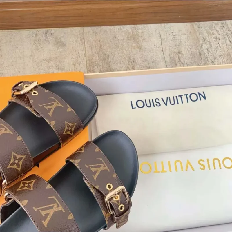 Louis Vuitton Women LV Bom Dia Flat Mule Brown Patent Monogram Canvas Anatomic Leather