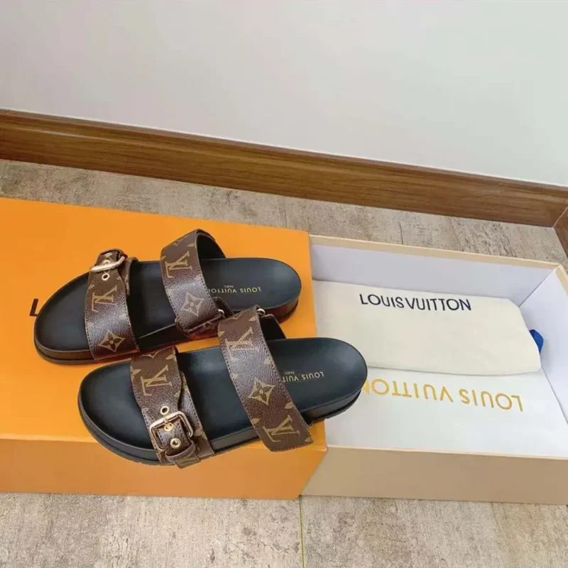 Louis Vuitton Women LV Bom Dia Flat Mule Brown Patent Monogram Canvas Anatomic Leather
