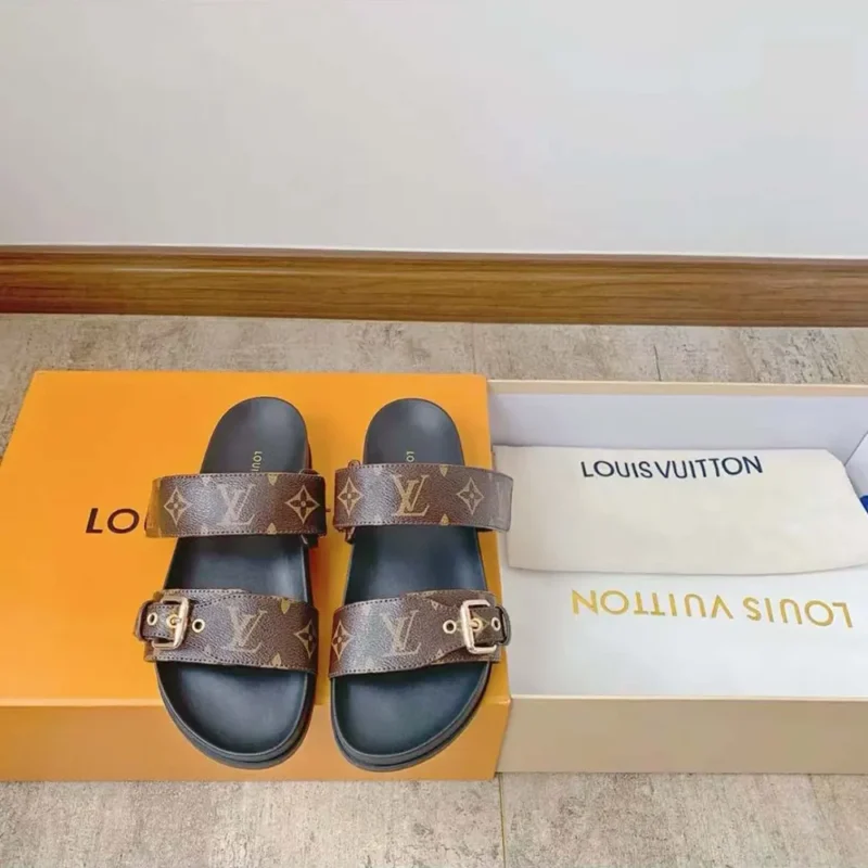 Louis Vuitton Women LV Bom Dia Flat Mule Brown Patent Monogram Canvas Anatomic Leather