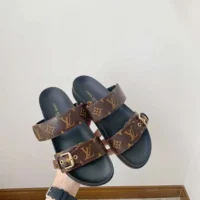 Louis Vuitton Women LV Bom Dia Flat Mule Brown Patent Monogram Canvas Anatomic Leather (1)