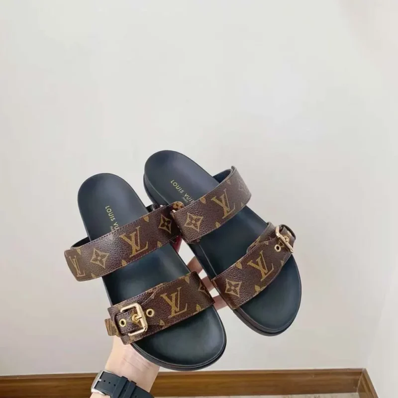 Louis Vuitton Women LV Bom Dia Flat Mule Brown Patent Monogram Canvas Anatomic Leather