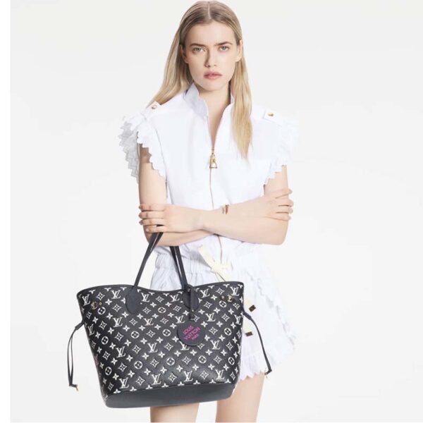 Louis Vuitton Women LV Neverfull MM Carryall Tote Bag Black Printed Embossed Grained Cowhide (7)