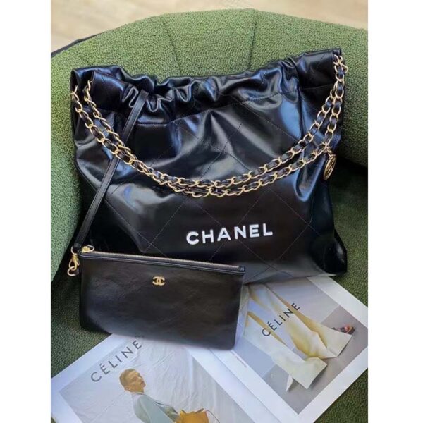Chanel Women 22 Handbag Shiny Calfskin Gold-Tone Metal Black (12)