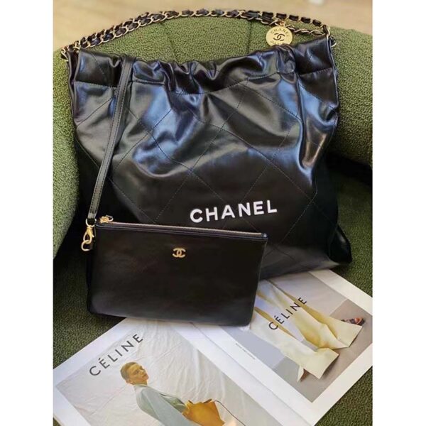 Chanel Women 22 Handbag Shiny Calfskin Gold-Tone Metal Black (13)