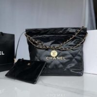 Chanel Women 22 Handbag Shiny Calfskin Gold-Tone Metal Black (9)