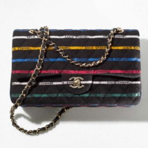 Chanel Women CC Classic Handbag Cotton Gold-Tone Metal Black Multicolor