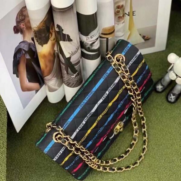 Chanel Women CC Classic Handbag Cotton Gold-Tone Metal Black Multicolor (10)