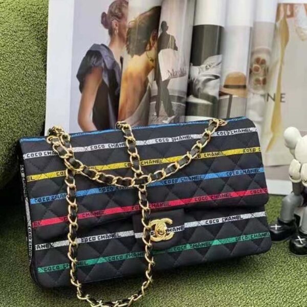 Chanel Women CC Classic Handbag Cotton Gold-Tone Metal Black Multicolor (16)