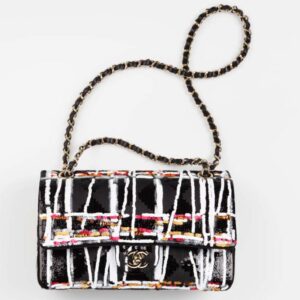 Chanel Women CC Classic Handbag Embroidered Satin Sequins Black White Red Gold