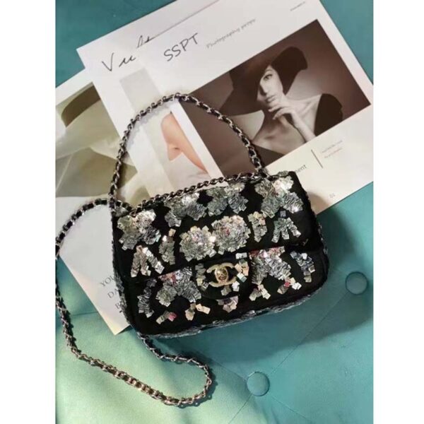 Chanel Women CC Classic Handbag Embroidered Velvet Sequins Silver-Tone Metal Black Silver (17)