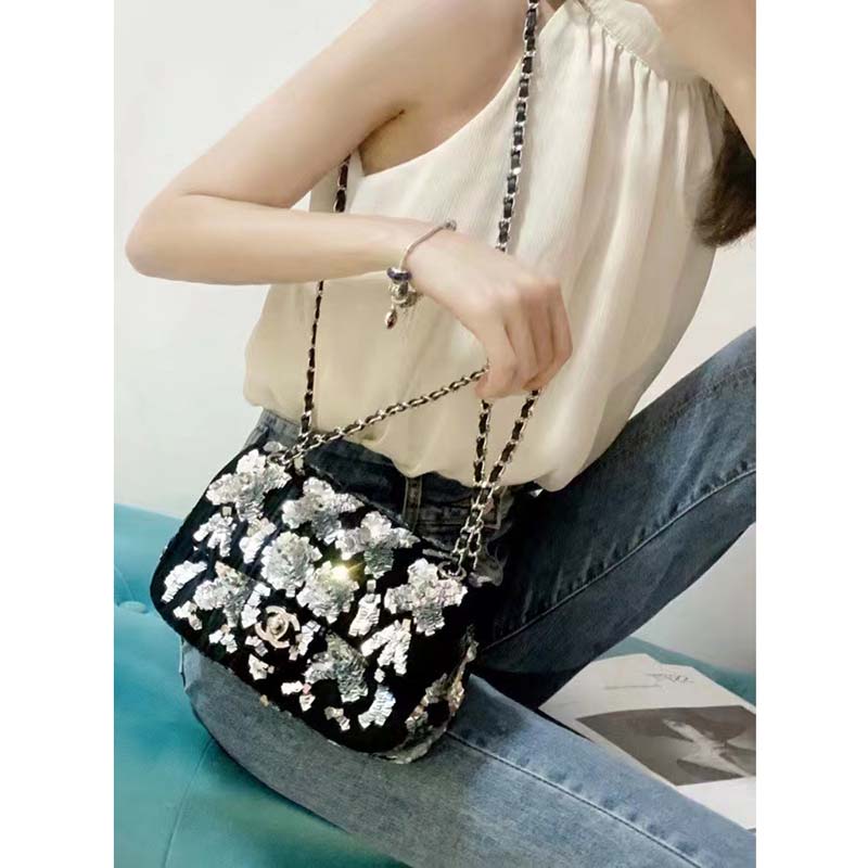 Chanel Women CC Classic Handbag Embroidered Velvet Sequins Silver-Tone  Metal Black Silver - LULUX