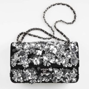 Chanel Women CC Classic Handbag Embroidered Velvet Sequins Silver-Tone Metal Black Silver