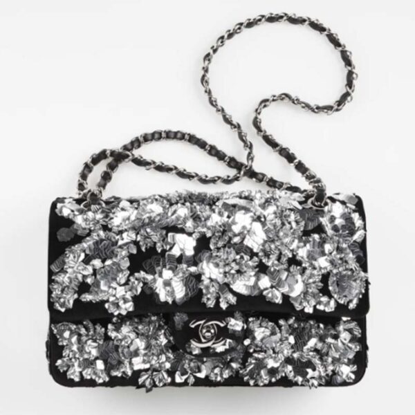 Chanel Women CC Classic Handbag Embroidered Velvet Sequins Silver-Tone Metal Black Silver (4)