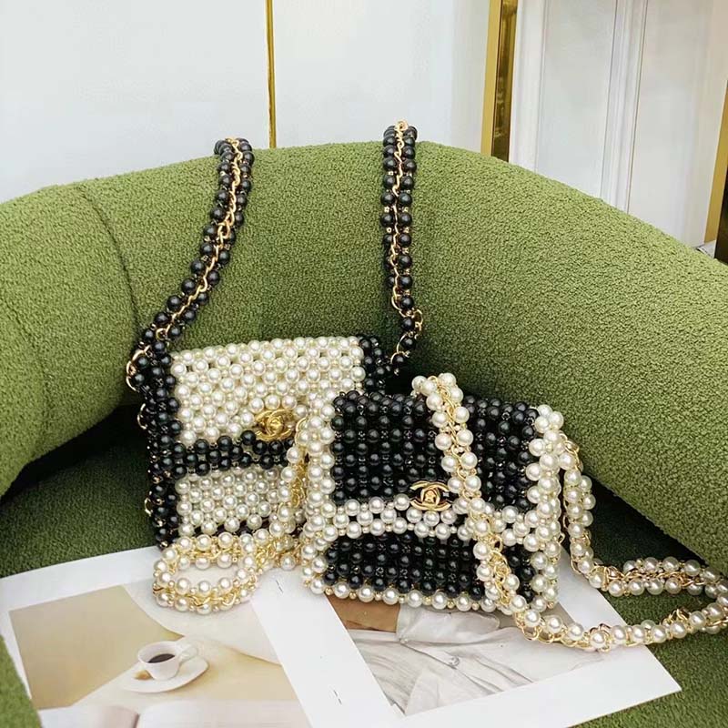 Evening bag, Golden-tone metal & imitation pearls, gold & white — Fashion