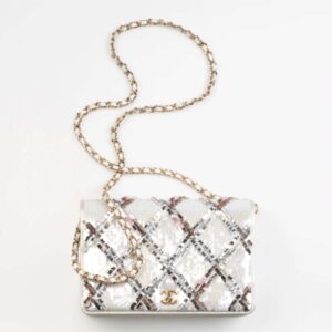 Chanel Women CC Wallet On Chain Embroidered Satin Sequins Gold-Tone Metal White Silver