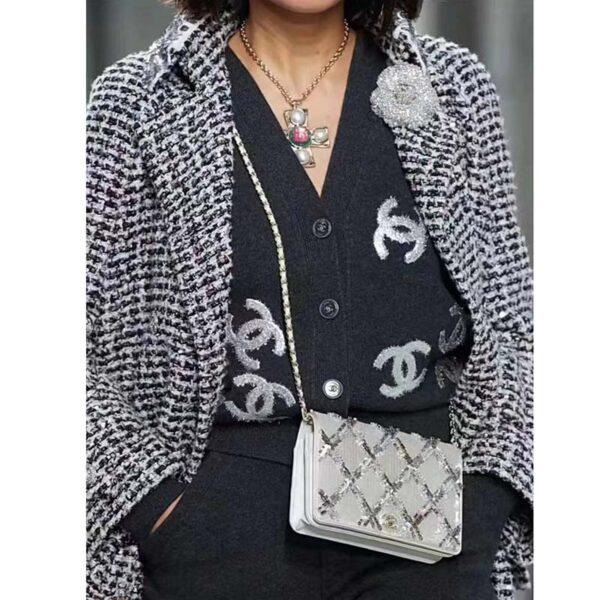 Chanel Women CC Wallet On Chain Embroidered Satin Sequins Gold-Tone Metal White Silver (12)