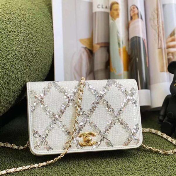 Chanel Women CC Wallet On Chain Embroidered Satin Sequins Gold-Tone Metal White Silver (6)