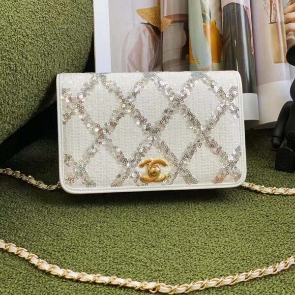 Chanel Women CC Wallet On Chain Embroidered Satin Sequins Gold-Tone Metal White Silver (9)