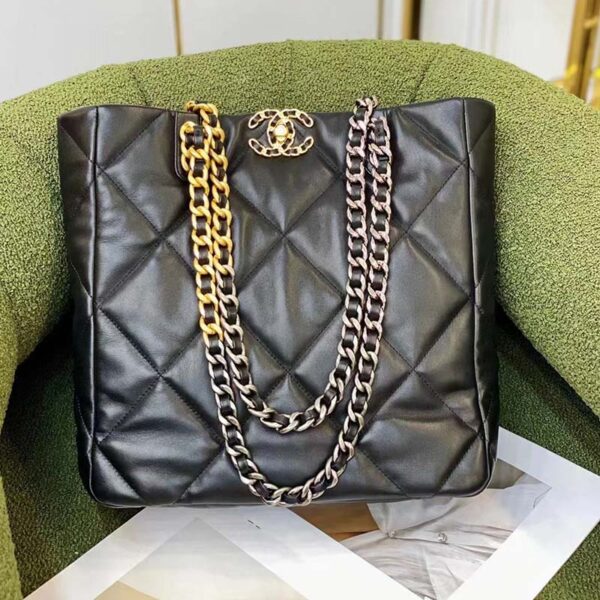 Chanel Women Chanel 19 Shopping Bag Lambskin Gold Silver-Tone Metal Black (1)
