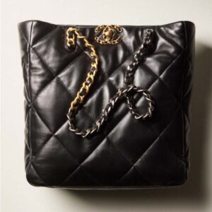 Chanel Women CC Chanel 19 Shopping Bag Lambskin Gold Silver-Tone Metal Black