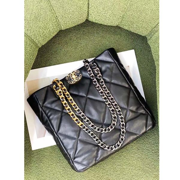 Chanel Women Chanel 19 Shopping Bag Lambskin Gold Silver-Tone Metal Black (6)