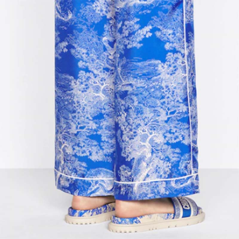 Dior Women CD Dway Slide Bright Blue Toile De Jouy Embroidered Cotton